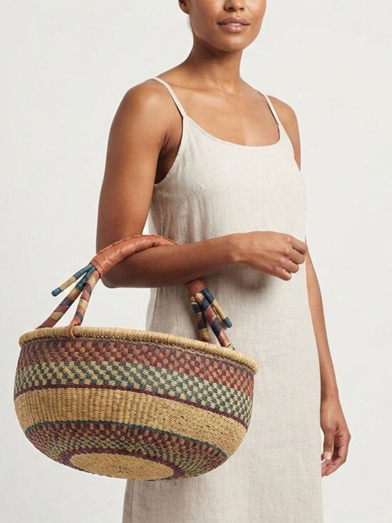 Handmade Handbags - Bolga African Market Basket Straw Bag Leather Handle Handwoven Strorage Tote